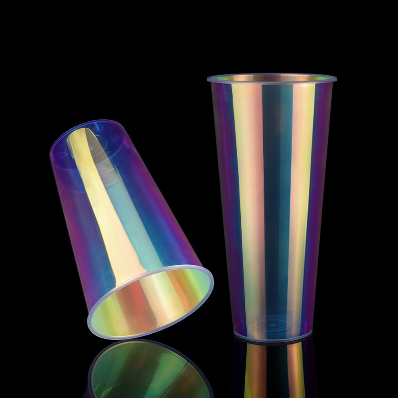 ODM OEM  Plastic Disposable PP Hologram Cup With Lid Custom Logo printing Boba Milk tea rainbow Cups