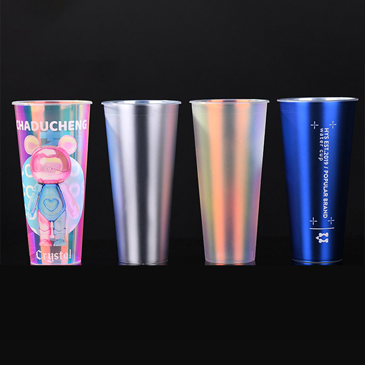 ODM OEM  Plastic Disposable PP Hologram Cup With Lid Custom Logo printing Boba Milk tea rainbow Cups