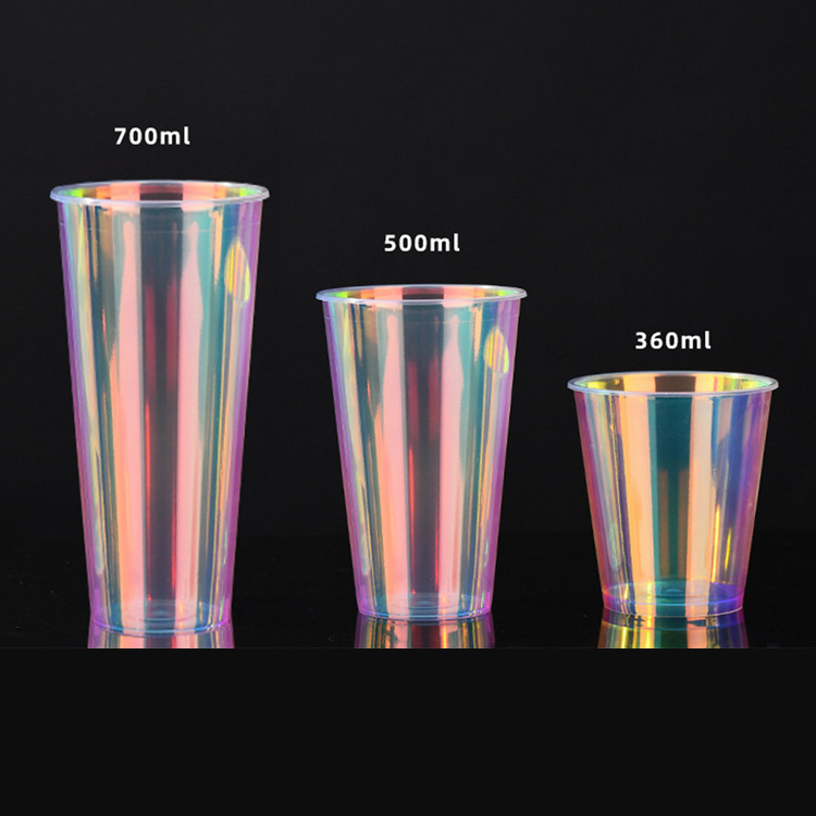 ODM OEM  Plastic Disposable PP Hologram Cup With Lid Custom Logo printing Boba Milk tea rainbow Cups