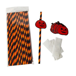 Paper Straws Drinking 6mm Black Orange Halloween Pumpkin Skeleton Spider Bat Printed Party Paper Straws