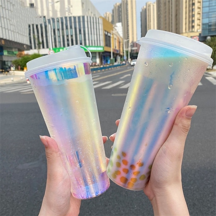 16oz Reusable U Shape Clear Plastic Bubble Tea/Juice/Coffee Cup with Lid Disposable PP Plastic Bubble Tea Rainbow laser cup