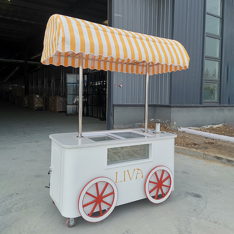 Customized beautiful Gelato Ice Cream Pop Cart Hand Push Mobile Van with umbrella