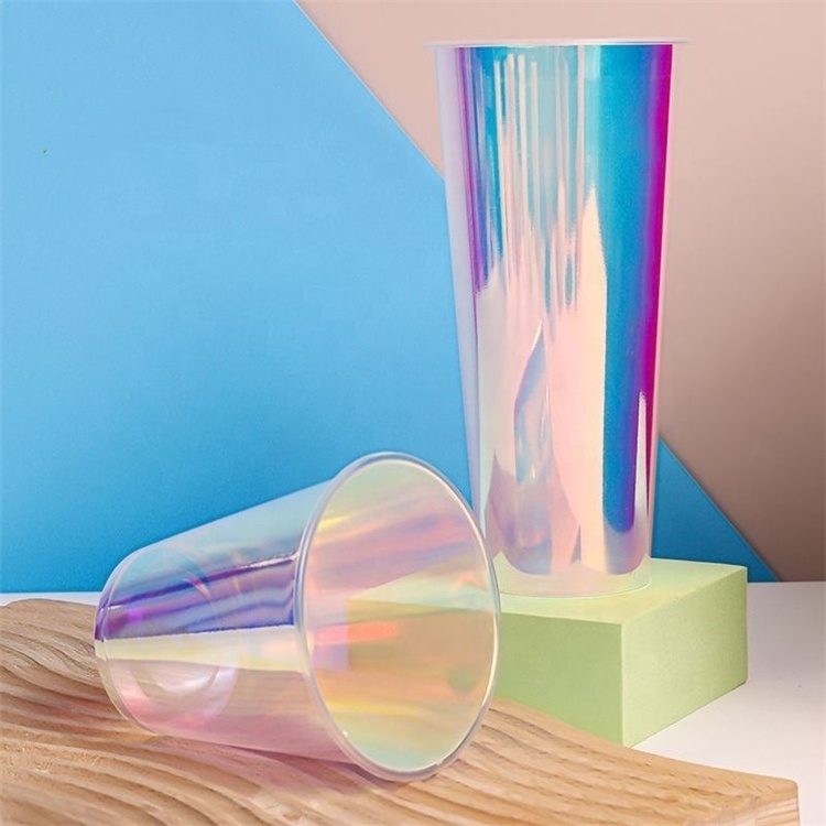 16oz Reusable U Shape Clear Plastic Bubble Tea/Juice/Coffee Cup with Lid Disposable PP Plastic Bubble Tea Rainbow laser cup