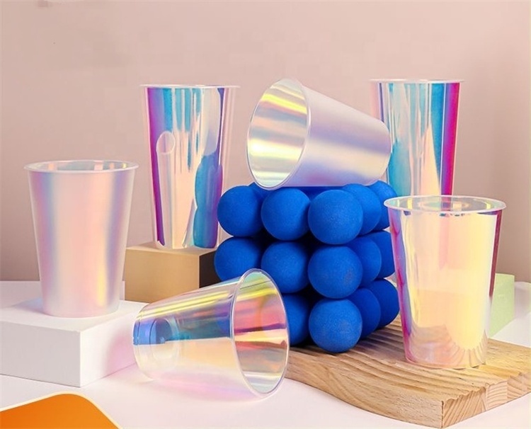 16oz Reusable U Shape Clear Plastic Bubble Tea/Juice/Coffee Cup with Lid Disposable PP Plastic Bubble Tea Rainbow laser cup