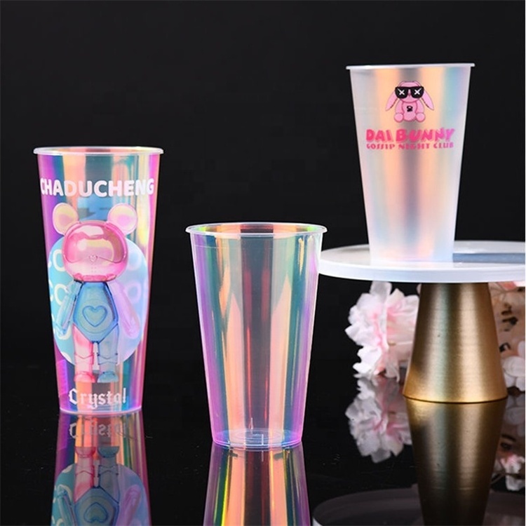 16oz Reusable U Shape Clear Plastic Bubble Tea/Juice/Coffee Cup with Lid Disposable PP Plastic Bubble Tea Rainbow laser cup