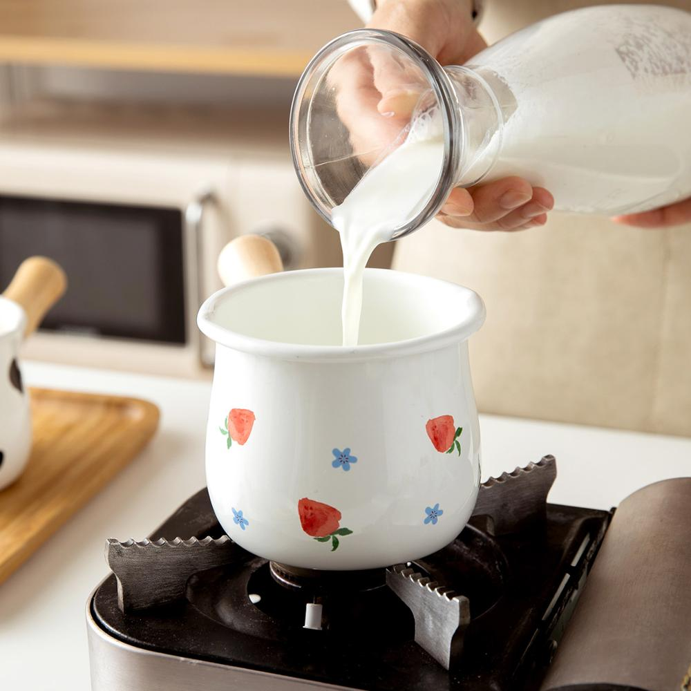 High Quality 500ml Enamel Milk Pot With Wooden Handle Gas Stove Induction Cooke Baby Breakfast Milk Coffee Saucepan Cookware