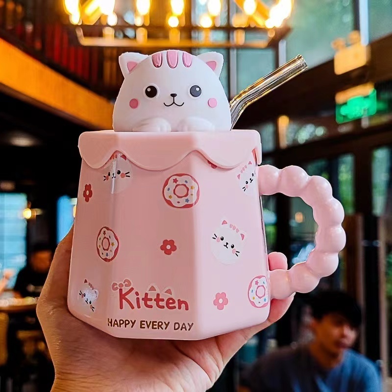 New Cute kids Animal ceramic mug with 3D cartoon lid Glass straw ins Women Ceramic Milk Cup mug coffee mugs