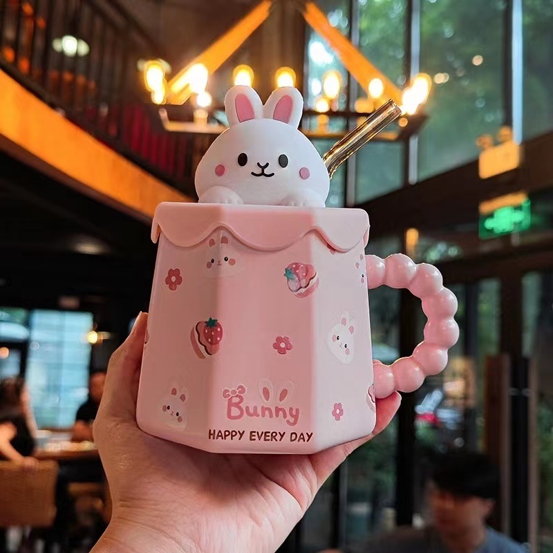 New Cute kids Animal ceramic mug with 3D cartoon lid Glass straw ins Women Ceramic Milk Cup mug coffee mugs