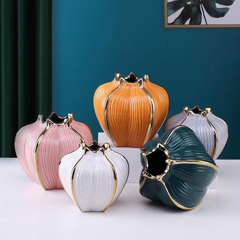 Modern Ceramic Art Decor Artificial Flower Vase Ornaments Green Gold Pumpkin Ceramic Vase