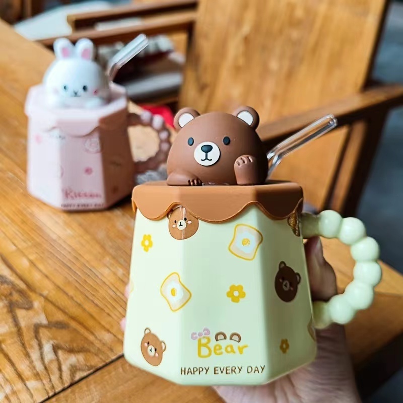 New Cute kids Animal ceramic mug with 3D cartoon lid Glass straw ins Women Ceramic Milk Cup mug coffee mugs