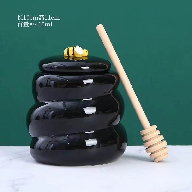 Mini Cute Ceramic Beehive Honey Pot and Wooden Dipper Porcelain Jar