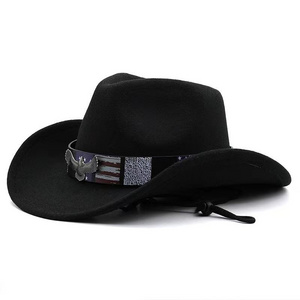 2023 Western Cowboy Hats Solid Color Vintage Fedora Felt Hard Hat Metal Bull Head Outdoor Hat