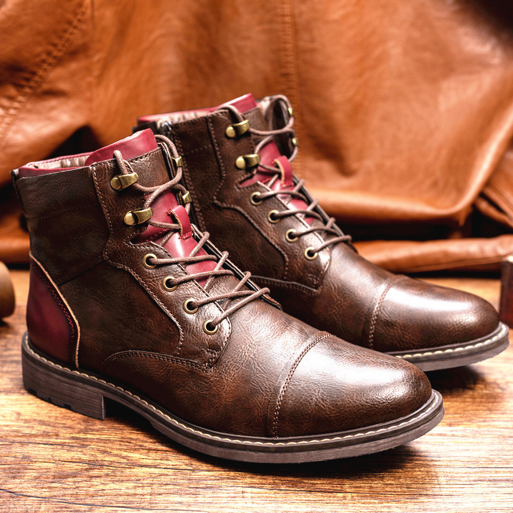 New Designer Men's Boots Shoes Ankle Lace Up Cowhide Leather Work Botas Martin Boots for Male