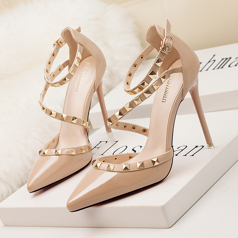 Luxury Rainbow Colors Fashion Rivet High Heel Sexy Woman ' s Party Dress Ankle-Wrap Sandals Shoes for Daily Life