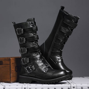 2022 Fashion Trend Classic Black Leather Western Boots Rivets Metal Buckle Fashion Mens Motorcycle Boots