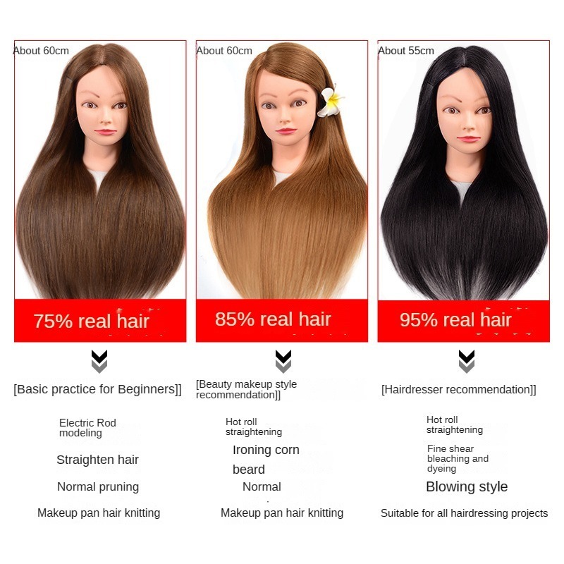 80% training head human hair Doll For Hair Style Practice For Hot Curl Iron Hairdressing mannequin head