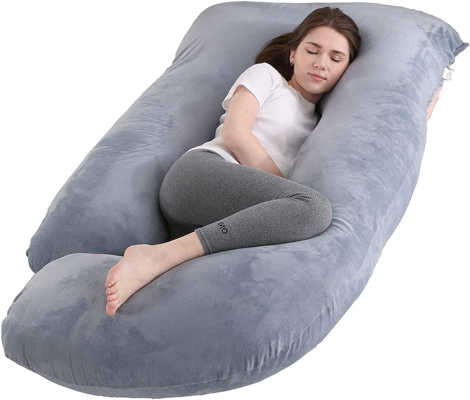 Pregnancy Pillow J Shaped Full Body Pillow with Velvet Cover Grey Maternity Pillow for Pregnant Women