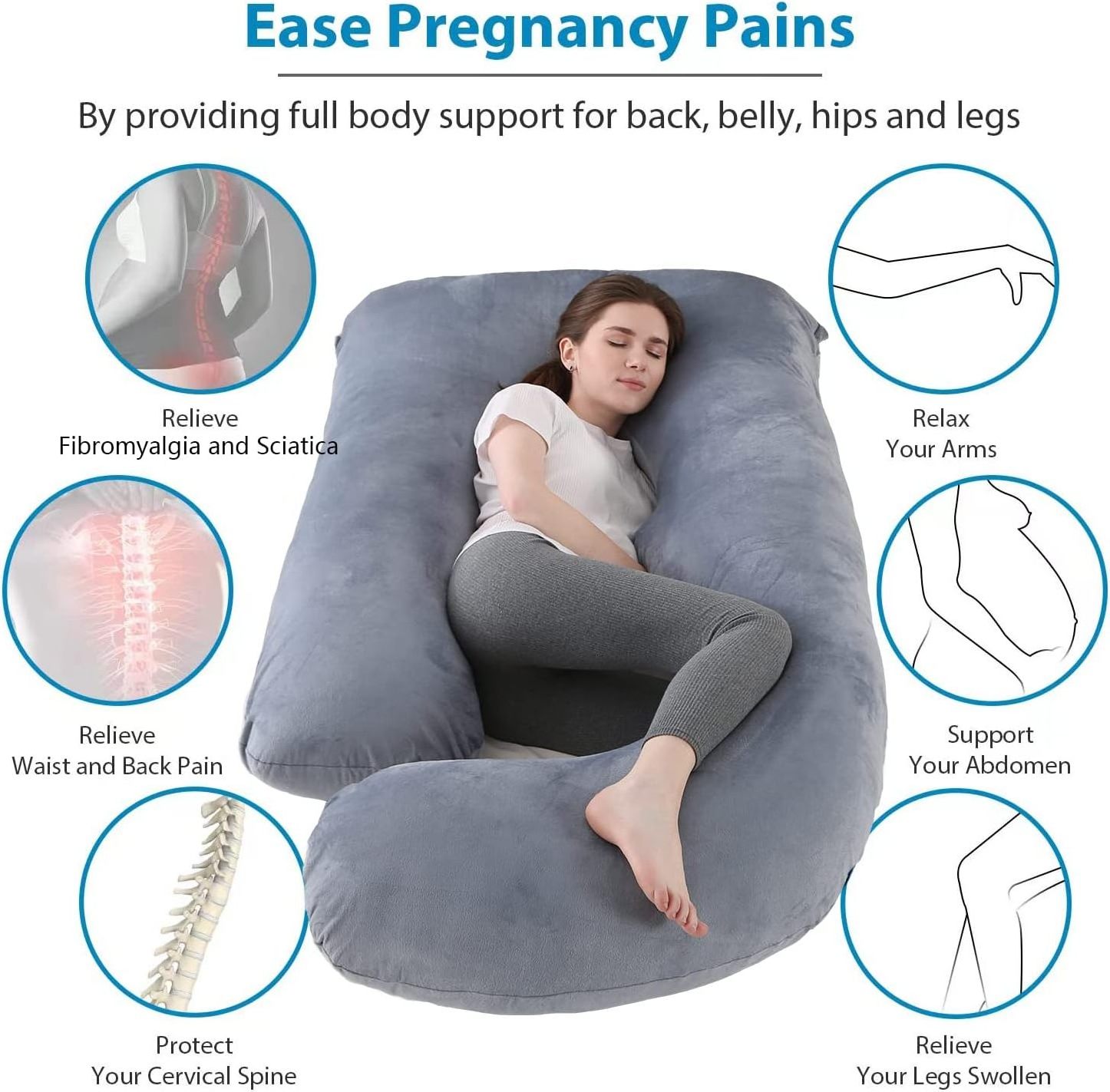 Pregnancy Pillow J Shaped Full Body Pillow with Velvet Cover Grey Maternity Pillow for Pregnant Women