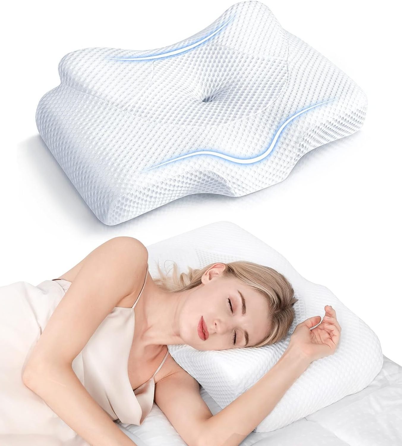 Cervical Pillow for Neck Pain Relief, Hollow Design Odorless Memory Foam Pillows with Cooling Case Orthopedic Bed Pillow