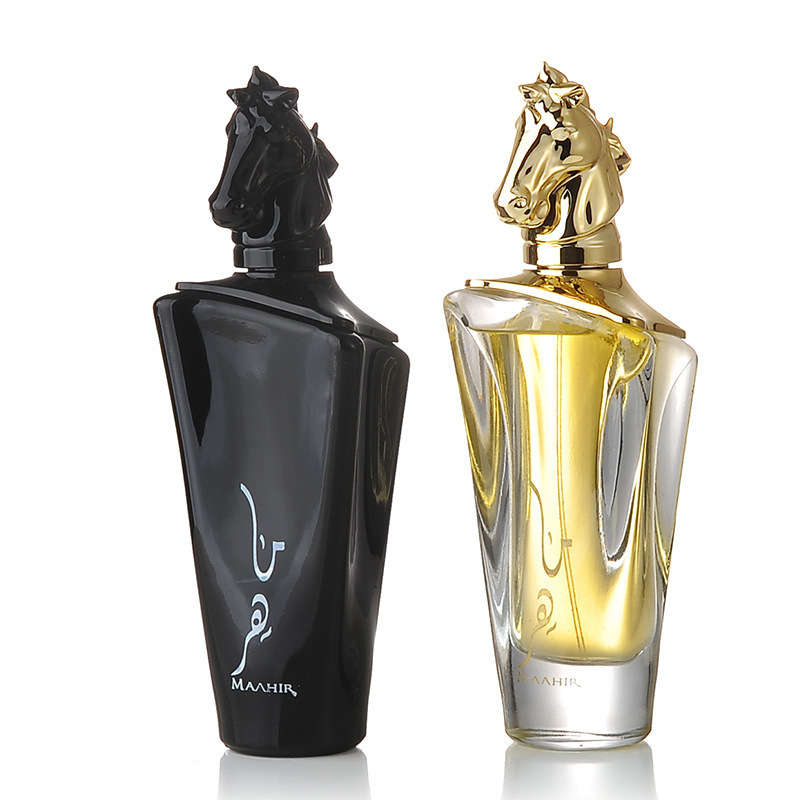 Luxury black unique perfume bottle with box perfume bottle arabian old fashion perfume bottles hand spray with horse shape cap