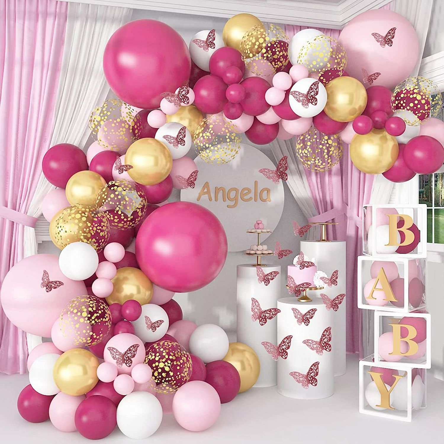 Hot Sale 129 PCS Pink Balloon Garland Arch Kit Butterfly Stickers Confetti For Baby Shower Birthday Wedding Decorations