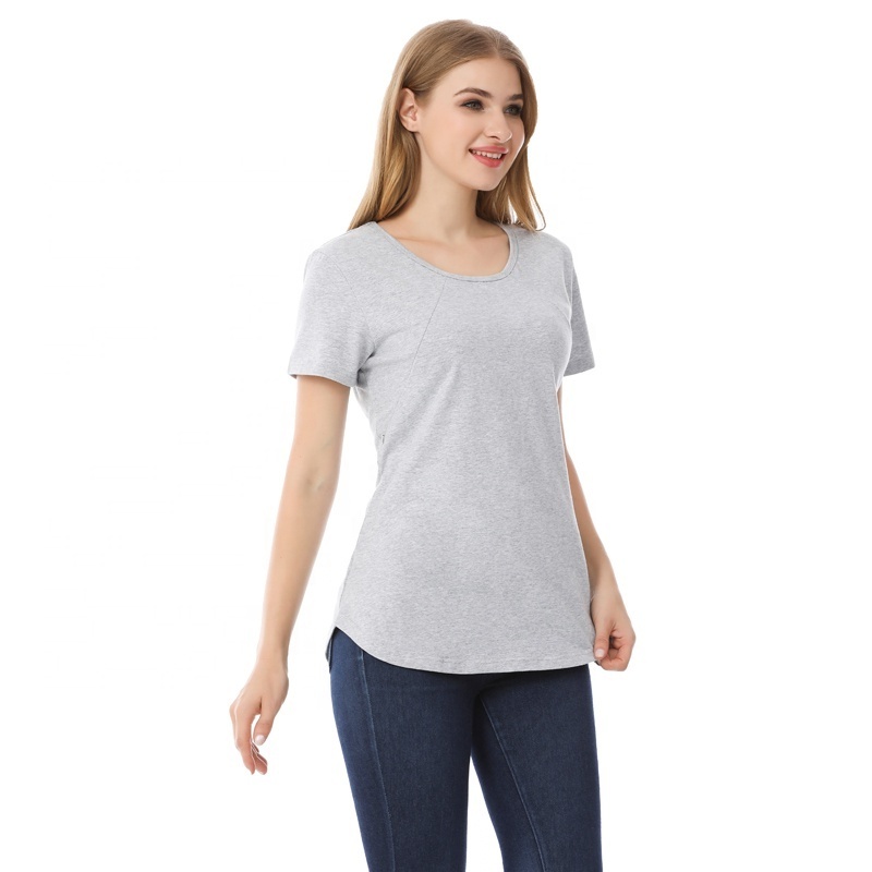 Summer Maternity T shirt Short Sleeve Breastfeeding Clothes Invisible Zipper Openning Curve Hem Stretch Cotton US Size S-4XL