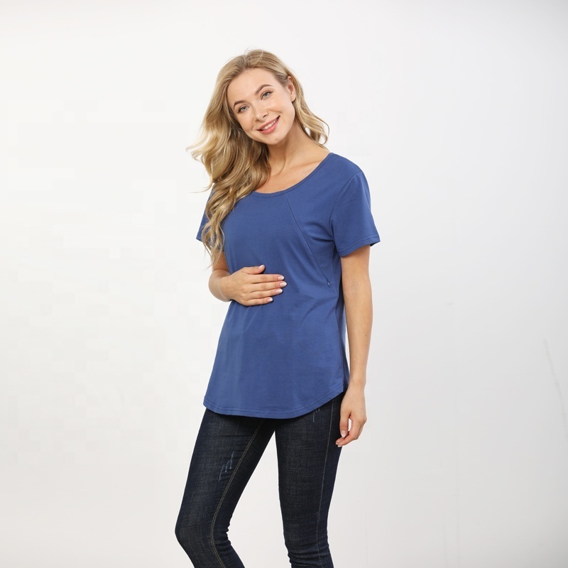 Summer Maternity T shirt Short Sleeve Breastfeeding Clothes Invisible Zipper Openning Curve Hem Stretch Cotton US Size S-4XL