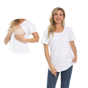 Summer Maternity T shirt Short Sleeve Breastfeeding Clothes Invisible Zipper Openning Curve Hem Stretch Cotton US Size S-4XL