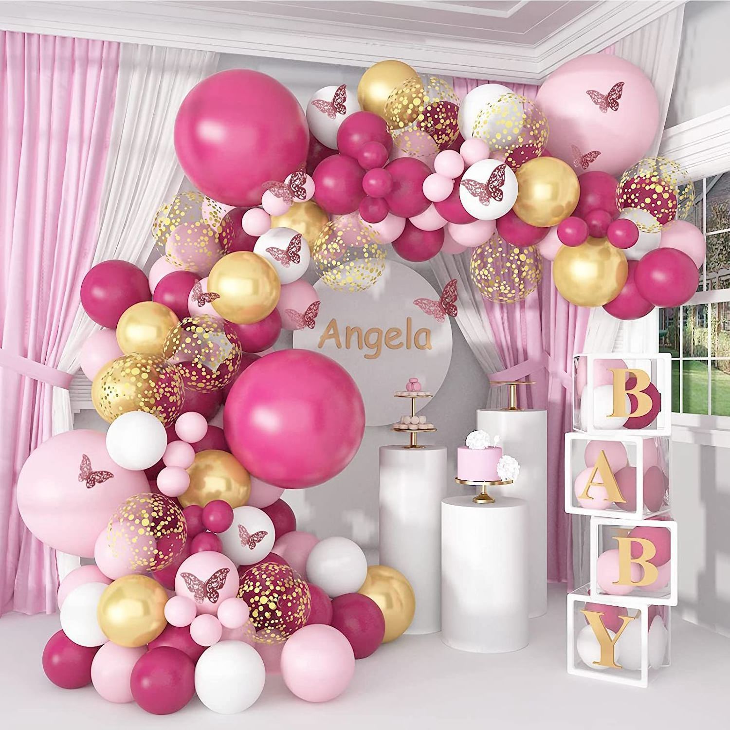 Hot Sale 129 PCS Pink Balloon Garland Arch Kit Butterfly Stickers Confetti For Baby Shower Birthday Wedding Decorations