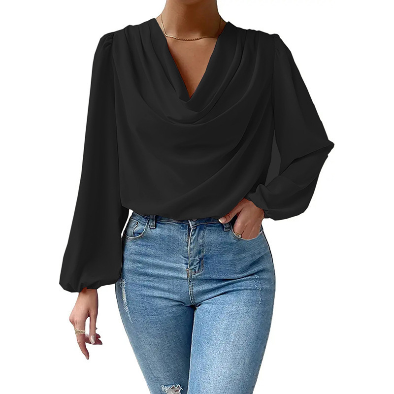 Black Comfortable Top Custom Chiffon Long Sleeve T-Shirt Women's Tops Plus Size Loose V-Neck Top Shirt Women's Clothing