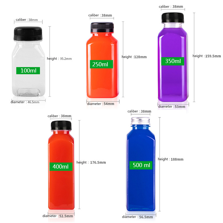 BPA FREE PET Square Plastic Juice Bottle 2oz 3oz 5oz 8oz 10oz 12oz 16oz 32oz french smooth beverage bottle with lid