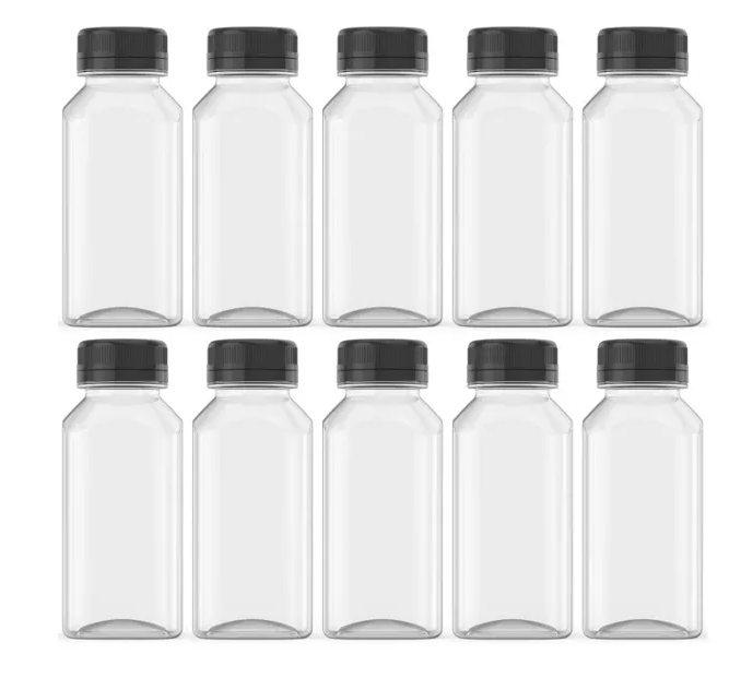 Food Grade 16 oz Empty Plastic Juice Milk Bottles with Black Tamper Evident Caps