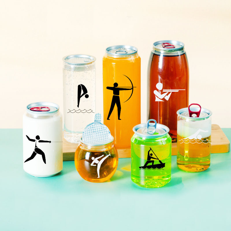 Custom logo empty soda can plastic pet 330ml 500ml beverage bottle transparent pet pop can