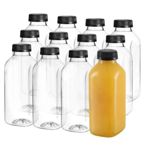 Food Grade 16 oz Empty Plastic Juice Milk Bottles with Black Tamper Evident Caps