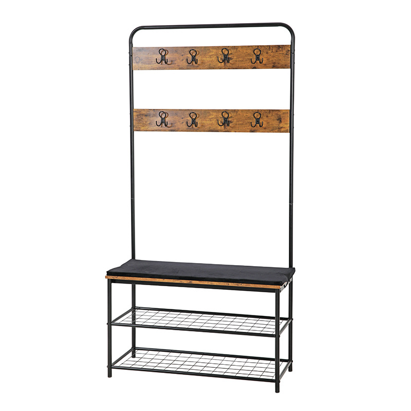 bedroom shelf Hot Sale Sturdy Metal 3-tier Shoe rack With 8 Coat Hanger Hooks hall tree