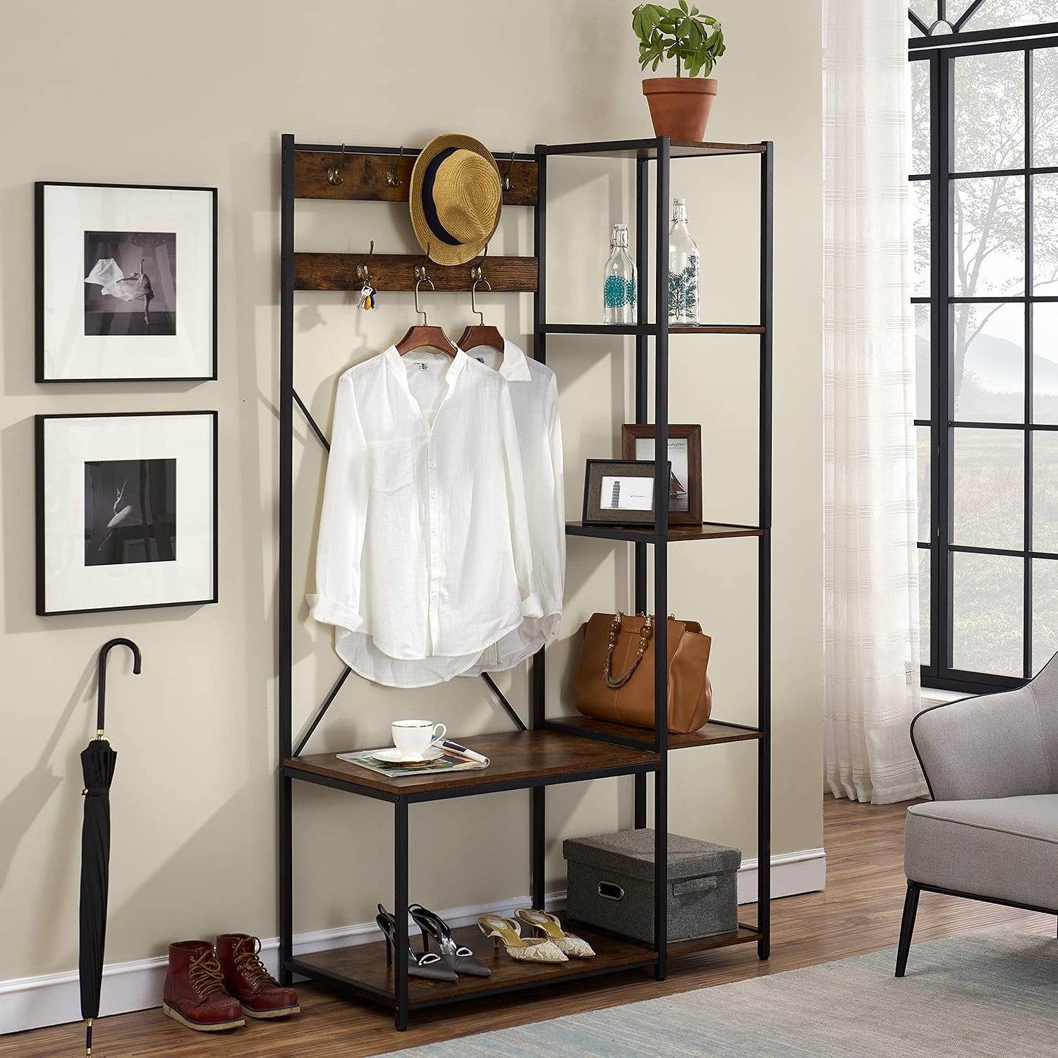 3-in-1Shoe Rack for home Coat Rack, Hall Tree with Shoe Bench for Entryway Freestanding Accent Furniture with Steel Frame