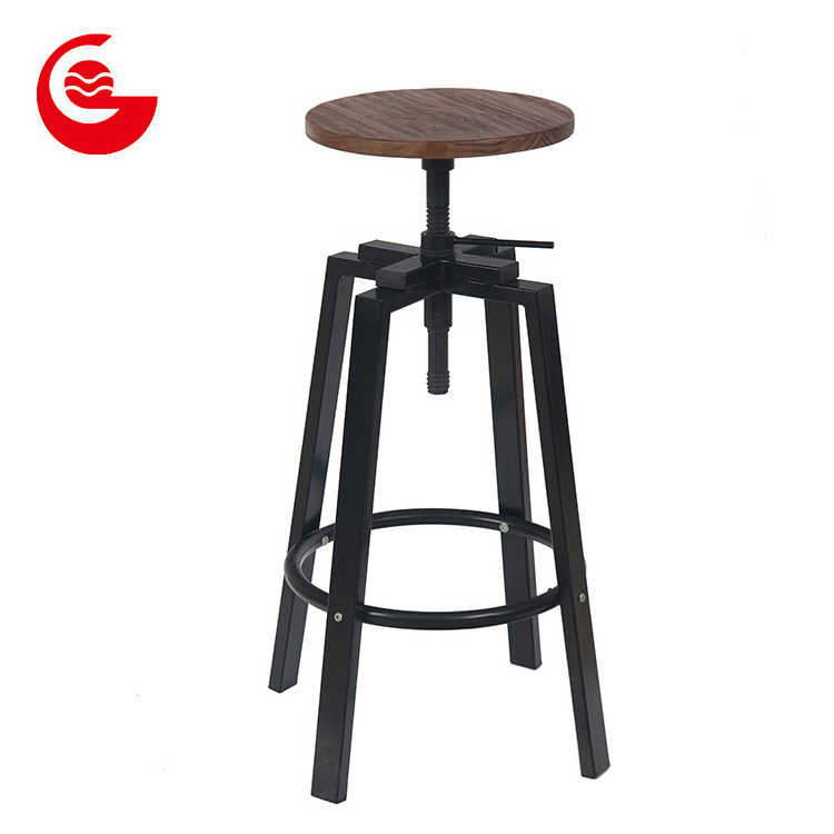 Bar Stool Chair Adjustable Height Industrial Metal with Wooden Seat New Iron Modern Commercial Furniture Casino Chair Accept