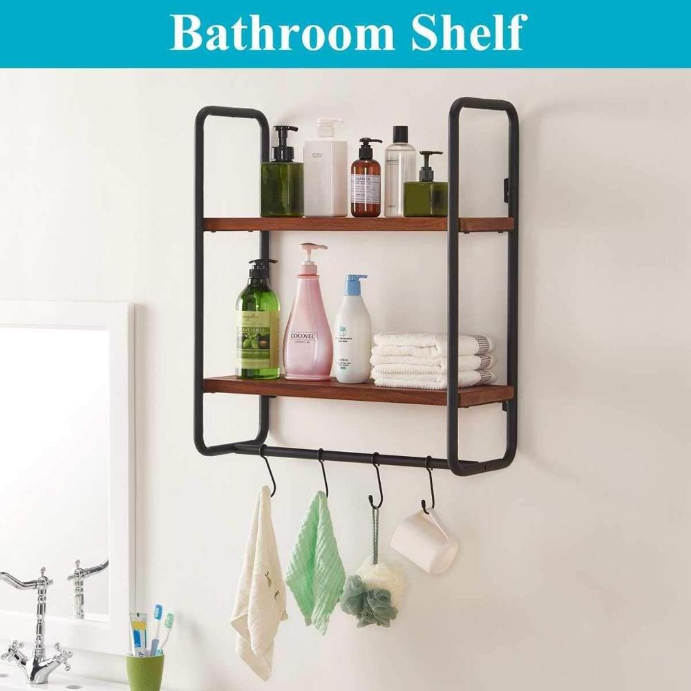 Solid Wood Wall Shelf with Hooks 2-Tier Shelves Wall Mounted for Kitchen Bathroom Bedroom and Office