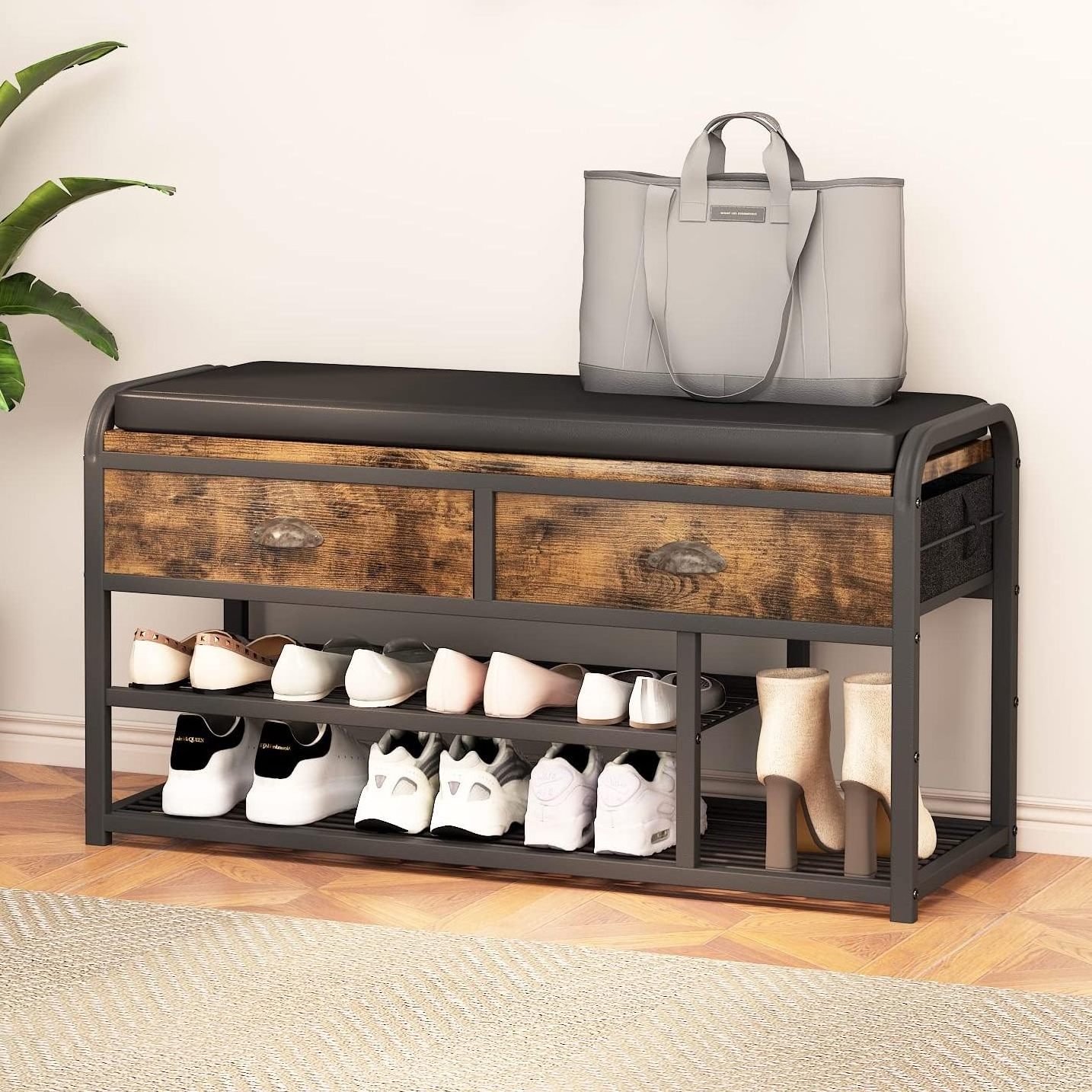 3 level entrance bench with padded seat drawer for shoe storage stool Metal entrance foyer hallway bench