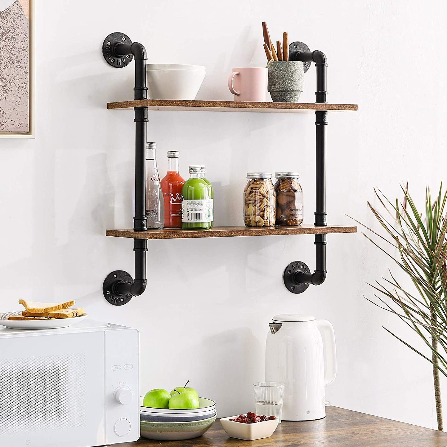 2 layer industrial pipe rack,  wall  bookshelf, metal support storage wall rack for bedroom, kitchen, living