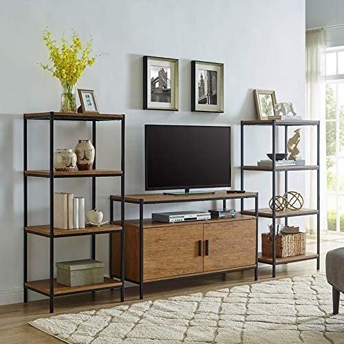 Modern Open Shelves Oak Brown Wood Furniture Metal Frame Designs Rustic Industrial Bookcase