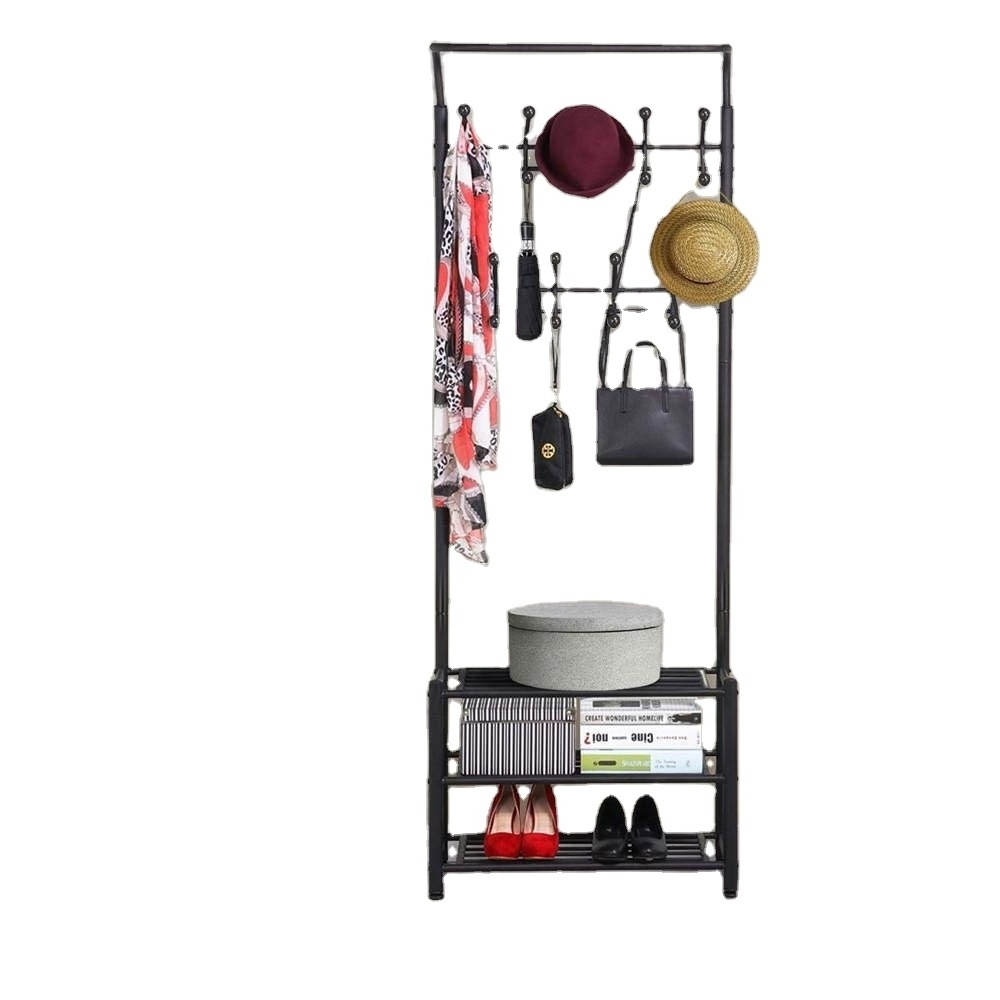 3-Tier Hall Tree Metal Entryway 18 Hooks Coat Rack Shoe Rack Bench Hat Umbrella Stand Hallway Organiser