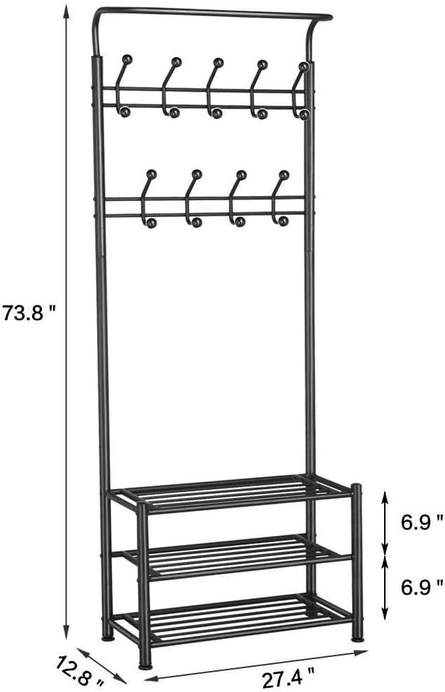 3-Tier Hall Tree Metal Entryway 18 Hooks Coat Rack Shoe Rack Bench Hat Umbrella Stand Hallway Organiser