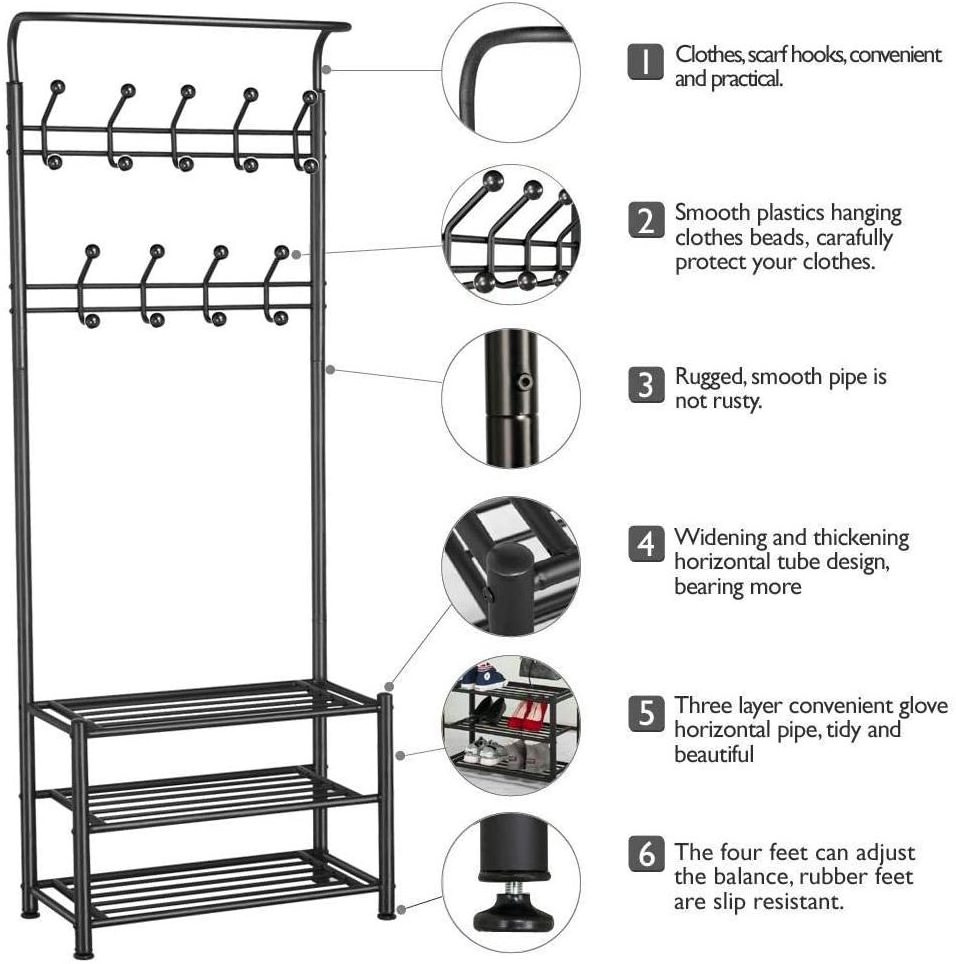 3-Tier Hall Tree Metal Entryway 18 Hooks Coat Rack Shoe Rack Bench Hat Umbrella Stand Hallway Organiser