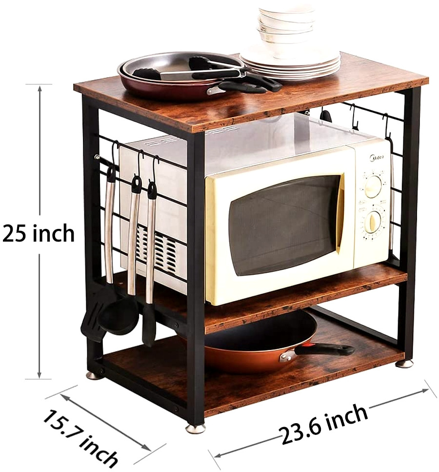 6 hooks industrial wooden microwave oven stand or spice bottle storage rack with metal frame for kitchen