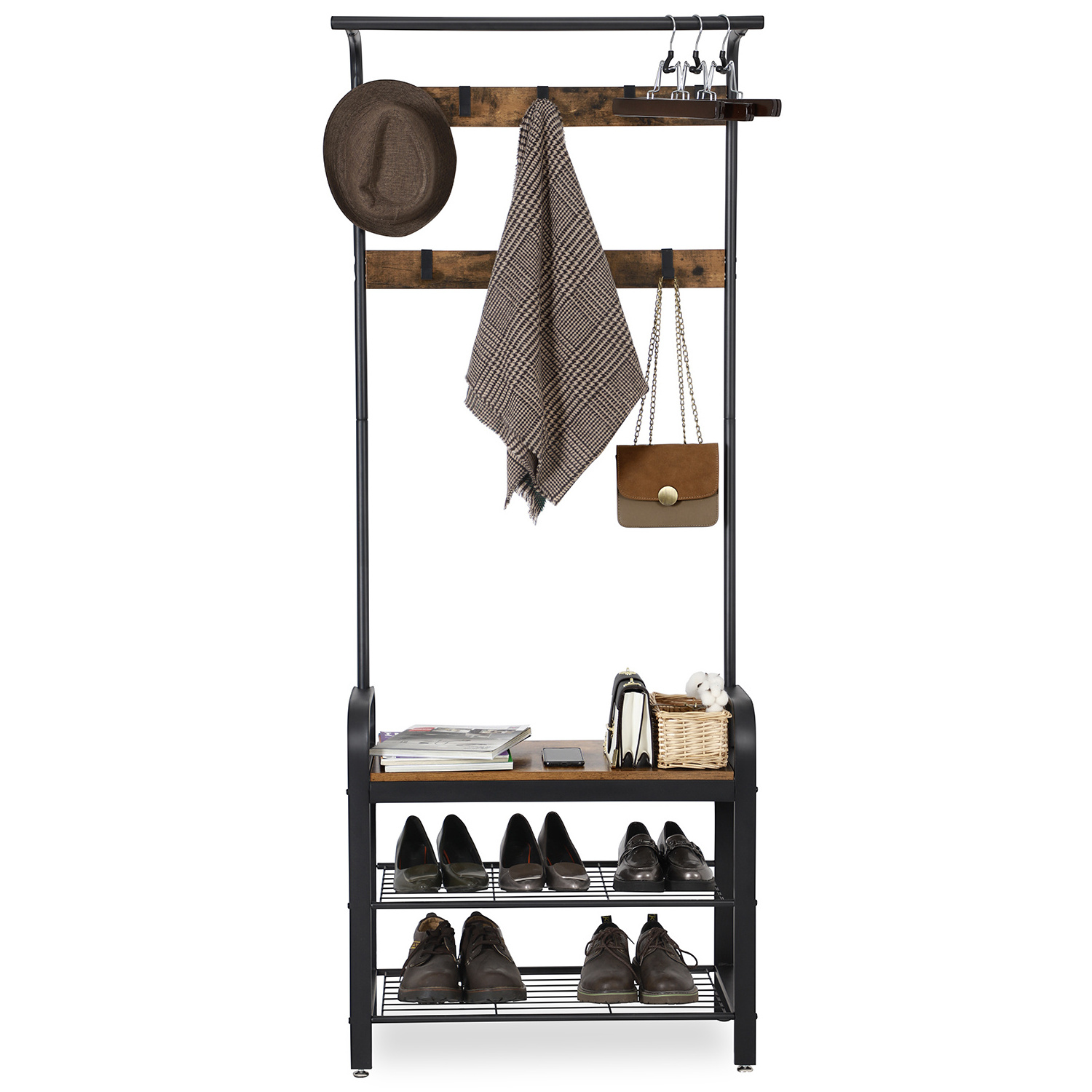 Wooden Hall Entryway Clothes Hanger Coat Hanging Stand Shelf With Hook 3-tier Shoe Rack Bench