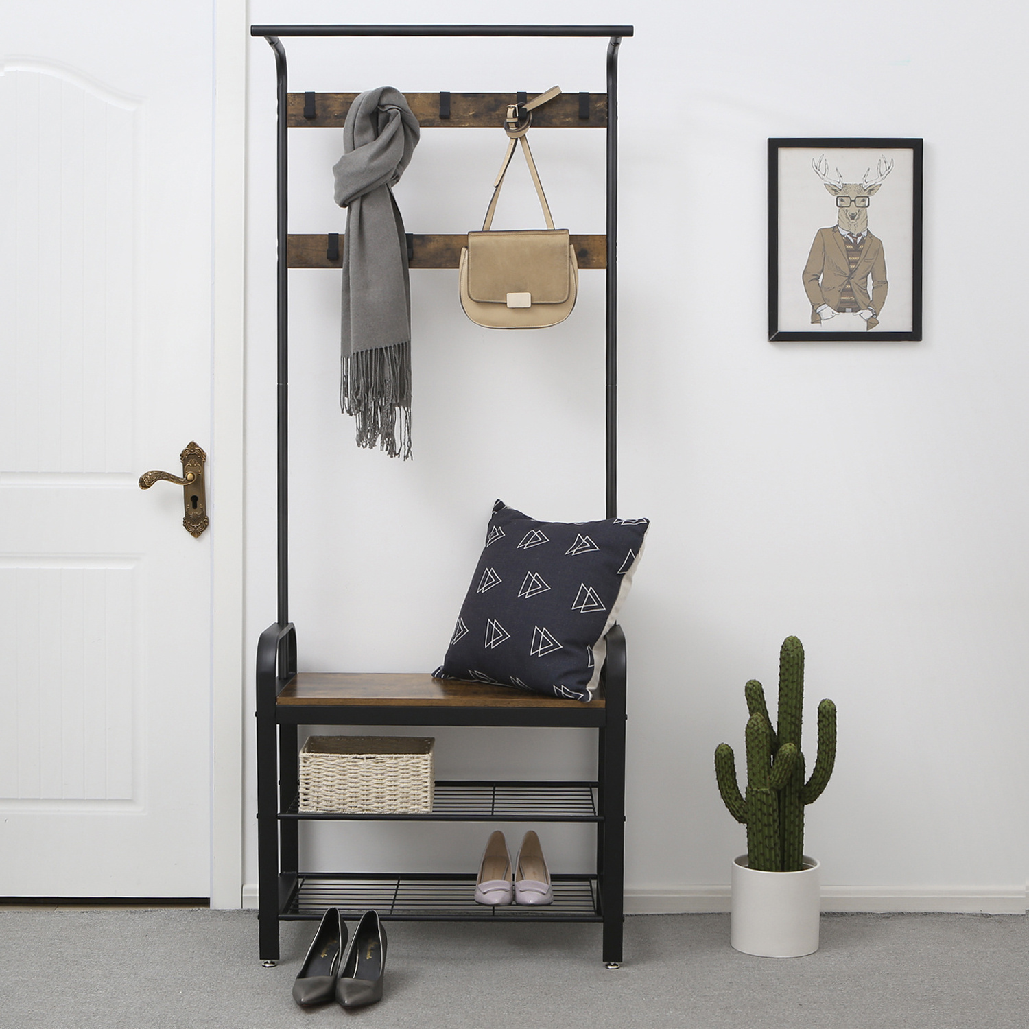 Wooden Hall Entryway Clothes Hanger Coat Hanging Stand Shelf With Hook 3-tier Shoe Rack Bench