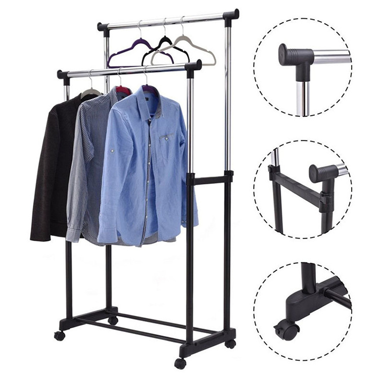 Double Pole Clothes Rack Home Simple Shoe Rack Adjustable Stainless Clothes Hanger With Wheels