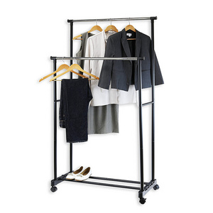 Double Pole Clothes Rack Home Simple Shoe Rack Adjustable Stainless Clothes Hanger With Wheels