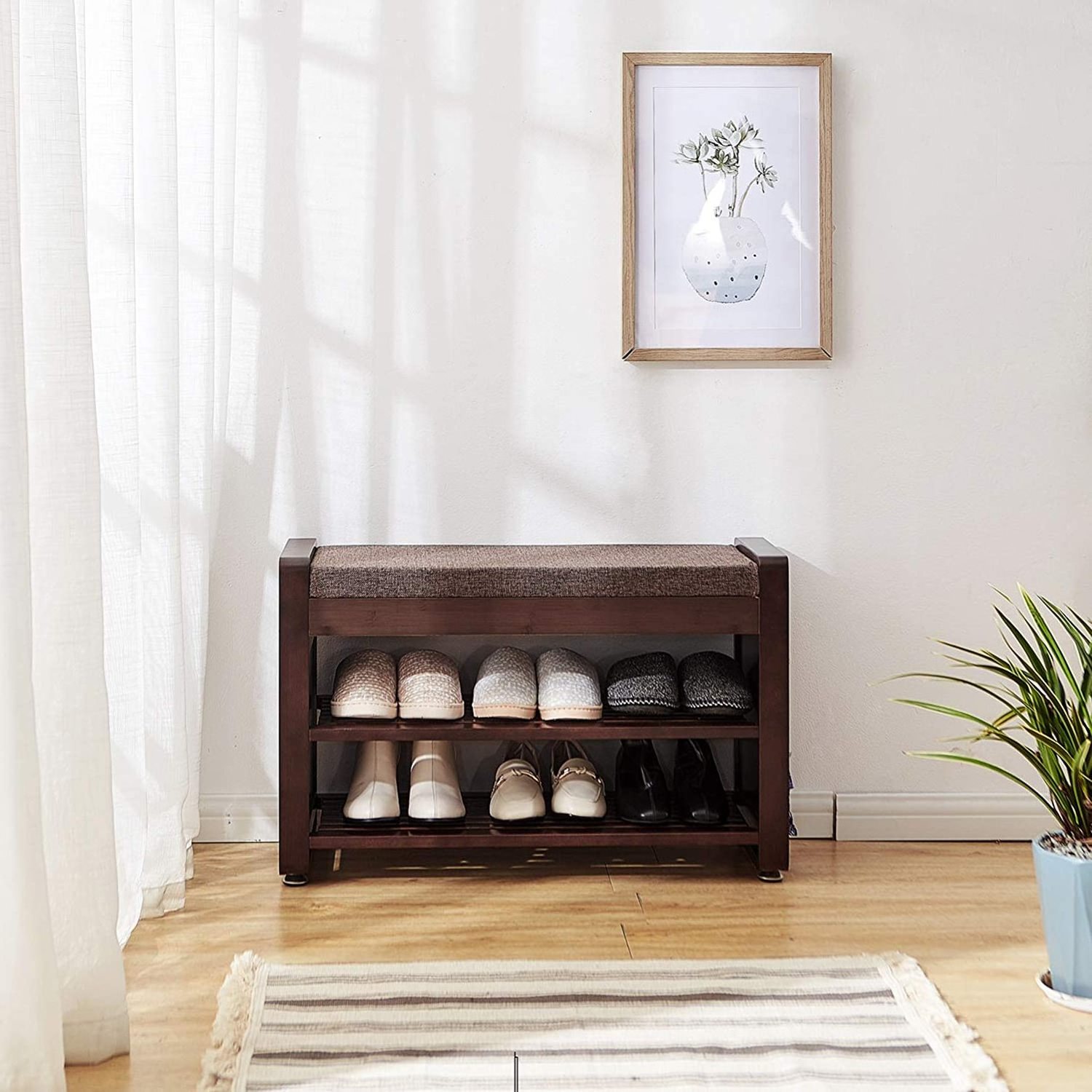 Entrance corridor shoe rack bamboo side hook soft cushion shoe storage